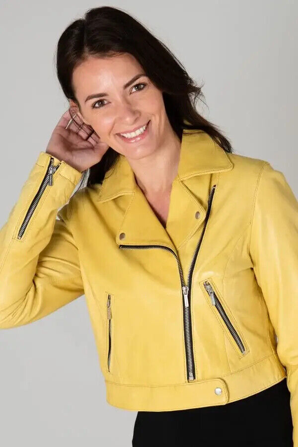 Stylish Womens Yellow Leather Jacket Real Lambskin Handmade Biker Motorcycle Item image 3