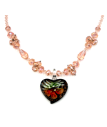 Pink Beaded Artwork Glass Flower Heart Pendant Necklace - $21.78
