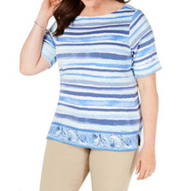 Karen Scott Womens Plus Printed Elbow Sleeves Pullover Top Color Indigo Size 0X - £21.92 GBP