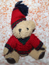 Vintage Hugfun 1998 Posable Jointed 8&quot; Teddy Bear Plush W/ Sweater red green hat - £7.58 GBP