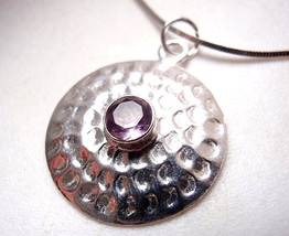 Natural Faceted Amethyst Hammered Circle 925 Sterling Silver Necklace New round - $19.79