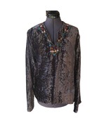 Best United Garment Co. Boho Gray Velvet Embroidered Top Long Sleeve V-N... - €21,12 EUR
