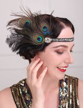 1920s Peacock Feather Headband Black Great Gatsby Headpiece with Sequins Head Ch - £26.57 GBP