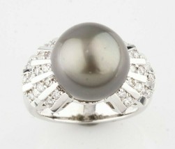 Art Deco Inspired 14k White Gold Tahitian Pearl Solitaire Ring w/ 0.66 c... - $1,882.87