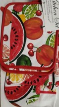 7Pc Set: 2 Pot Holders 2 Towels 2 Dishcloths &amp; 1 Oven Mitt Mixed Fruits Red Bh H - £26.24 GBP