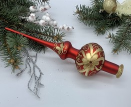 Red Christmas glass tree topper with gold glitter, Christmas finial - £15.55 GBP