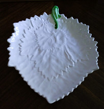 Italian White 9 1/2&quot; Grape Leaf Ceramic Candy/Nut Trinket Dish with Green Stem - £7.63 GBP