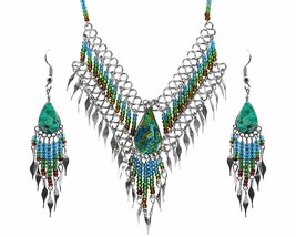 Mia Jewel Shop Teardrop Stone Cabochon Long Beaded Metal Dangle Fringe Chain Nec - $24.74