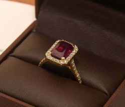3.2Ct Emerald Cut Red Garnet Halo Diamond Engagement Ring 14K Yellow Gold Finish - £78.33 GBP