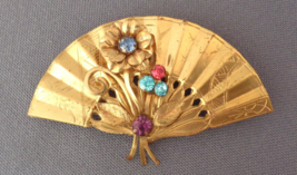 Vintage CORO Floral Fan Pin Brooch Gold Tone Prong Set Multi Color Rhine... - £22.76 GBP