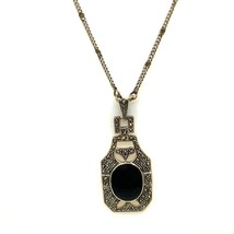 Vintage Sterling Signed 925 Victorian Art Deco Black Onyx Marcasite Necklace 19 - £63.50 GBP