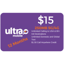 Ultra Mobile $15 Plan 250MB 5G/4G Lte Data Unlimited Call+Text 12 Month Sim - £94.35 GBP