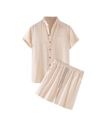 Men Summer 2-piece Beach Cotton Linen Short Sleeve Shirts &amp; Shorts Pants... - £60.68 GBP