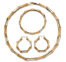Polished And Matte Bamboo Necklace Hoop Earrings Bracelet Set Goldtone - £79.92 GBP