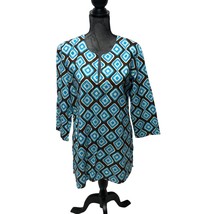 Blue Opihi Tunic Size Large Geometric Blue Brown Lightweight Cotton Top NEW - $18.61