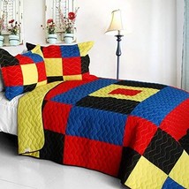 [Lively Star ] 3PC Vermicelli-Quilted Patchwork Quilt Set (Full/Queen Size) - £80.69 GBP