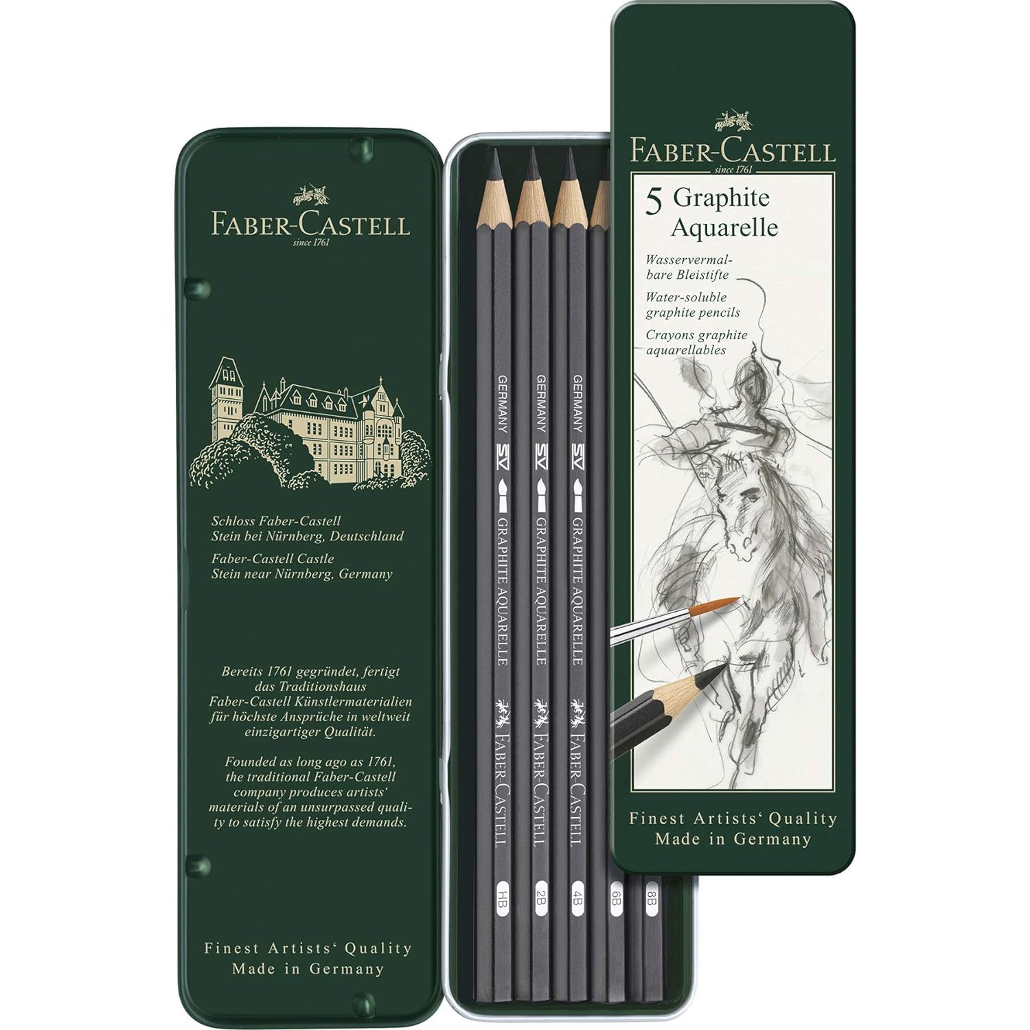Faber-Castell 5 Piece Quality Water-Soluble Graphite Aquarelle Pencils in a Tin,