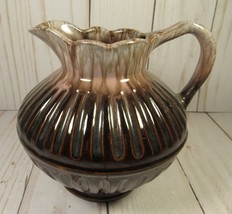 Pitcher Pottery Small Brown Ribbed &amp; Scalloped Dainty Two Tone 4&quot; Tall 5.5&quot;. - £7.83 GBP