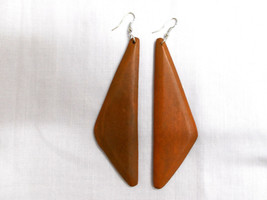 Boho Medium Brown Stained Wood Triangle Geo Shape Flat Wooden Earrings 4 1/2&quot; - £5.60 GBP