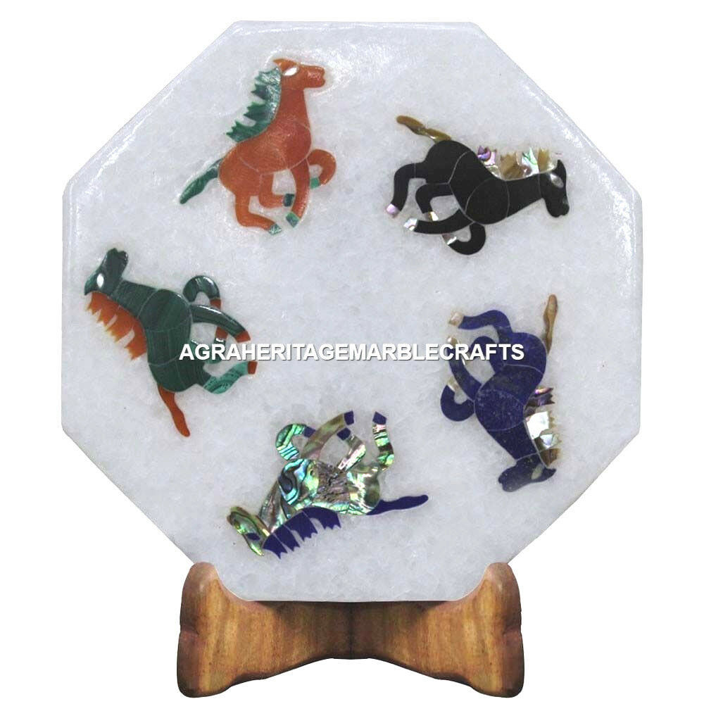 Primary image for 9" White Marble Flooring Tiles Horse Inlay Precious Stone Work Home Decor E102