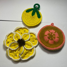 Lot Of Three Vintage Handmade Crochet 8 Inch &amp; Under Flower Fruit Trivets Yellow - £9.63 GBP