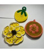 Lot Of Three Vintage Handmade Crochet 8 Inch &amp; Under Flower Fruit Trivet... - £9.58 GBP