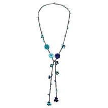 Chic Blue Daisy Floral Mix Stone Genuine Leather Lariat Wrap Necklace - £13.69 GBP