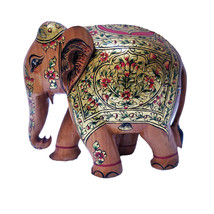Wood Hand Painted Elephant Statue | Hand Carved Figurine Décor | Indian ... - $100.00