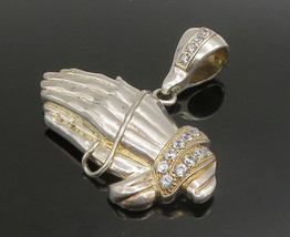 925 Silver - Vintage Cubic Zirconia Heavy Large Prayer Hands Pendant - PT19121 - £125.98 GBP