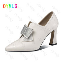 spring autumn new small leather shoes rhinestone bow pointed high heels thick he - £27.25 GBP