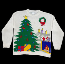 Christmas Sweater White Knit Womens Medium Vintage Tree Stockings Kitsch Grandma - $19.70