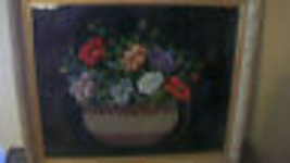 Vintage 1950&#39;s Embroidered Flowers In Basket On Black Silk Cloth Framed - £522.10 GBP