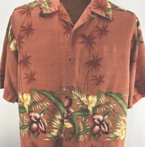 Hawaiian Aloha Large  Orange Hibiscus Floral Palm Trees Shirt Textured - £31.97 GBP