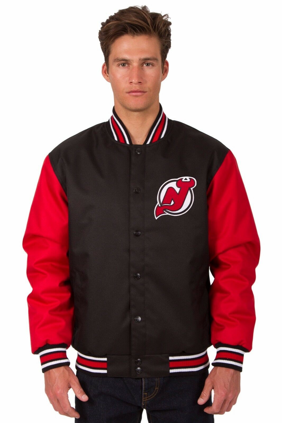 NHL New Jersey Devils Poly Twill Jacket  Black  Red Patch Logos JH Design - $99.99 - $129.99
