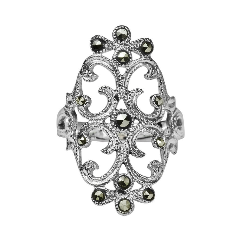 Swirl Marcasite Victorian Style .925 Silver Ring-6 - $24.54