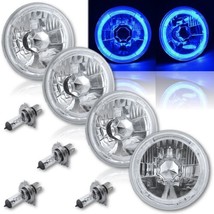 5-3/4&quot; Blue LED Halo Halogen Light Bulb Crystal Clear H4 Headlight Angel Eye Set - £119.58 GBP