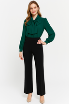 Queen Mary of Denmark Inspired Green Pussy-bow Blouse &amp; Black Wide-leg P... - $129.99