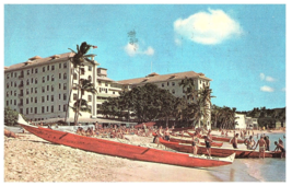 Moana Hotel Red Outrigger Canoes Waikiki Beach Hawaii Postcard 1954 - £5.14 GBP