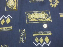 2643. Gold &amp; Silver on Navy SYMBOLIC FISH Synthetic FABRIC - 44&quot; x 2 1/8 Yds. - £7.86 GBP