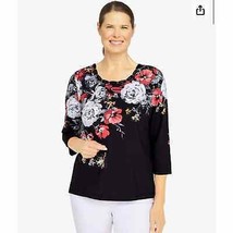 Alfred Dunner Womens Black Floral 3/4Sleeve Pull Over Blouse Rhinestone ... - $20.56