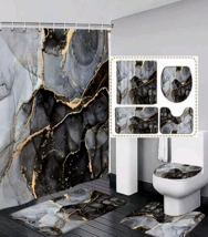 3D Black &amp; Gray Marble 47x70&quot; Bathroom Shower Curtain Toilet Seat Cover Rug Set - £38.12 GBP