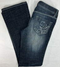 Decree Low Rise Bootcut Distressed Whiskered Jeans Rhinestones Pockets - £17.58 GBP