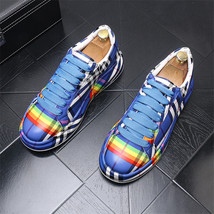 Plaid Leather Designer Men Shoes Sneakers Hip Hop Height Increasing Platform Cas - £76.77 GBP