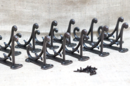 12 COAT HOOKS ANTIQUE STYLE CAST IRON 4.5&quot; WALL DOUBLE RESTORATION INDUS... - £28.61 GBP