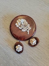 Antique Celluloid Flower Wood Wooden Brooch Pin Earrings Plastic  - £5.53 GBP