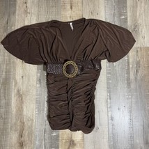 True Light Made In USA Brown V-Neck Ruffled Waist Top Size M - £14.17 GBP