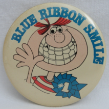 Pinback Button 80s Blue Ribbon Smile #1 Vintage One Badge Pin Red Hair Stripes - £14.94 GBP
