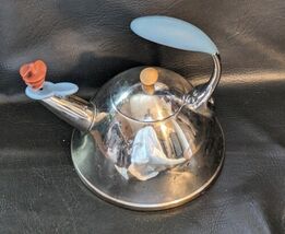 Vintage Alessi Michael Graves Chrome Silver Red Bird Blue Handle Teapot ... - $95.29 CAD
