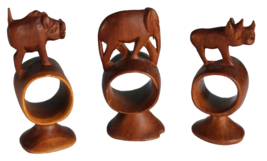 VTG 3 Hand Carved Wood Napkin Rings African Safari Animal Rhino Elephant Boar - £11.25 GBP