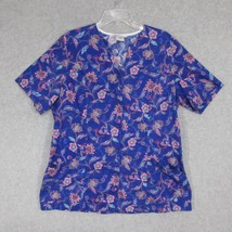 Peaches Women&#39;s Button Up Scrub Top Size XL Short Sleeve Blue Pink Flora... - £8.26 GBP